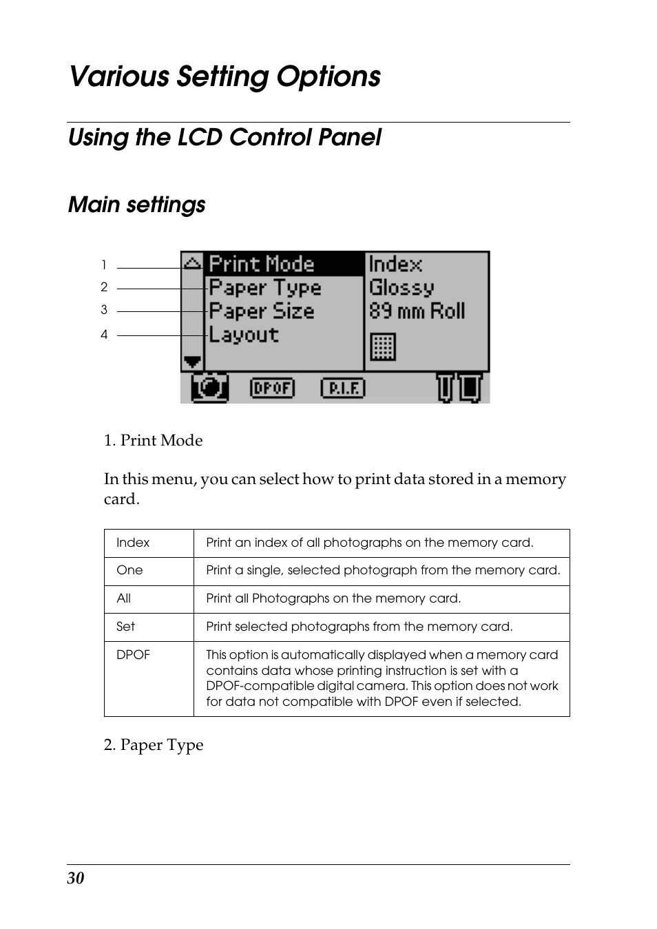 Various setting options, Using the lcd control panel, Main settings | Epson Photo 925 User Manual | Page 32 / 152