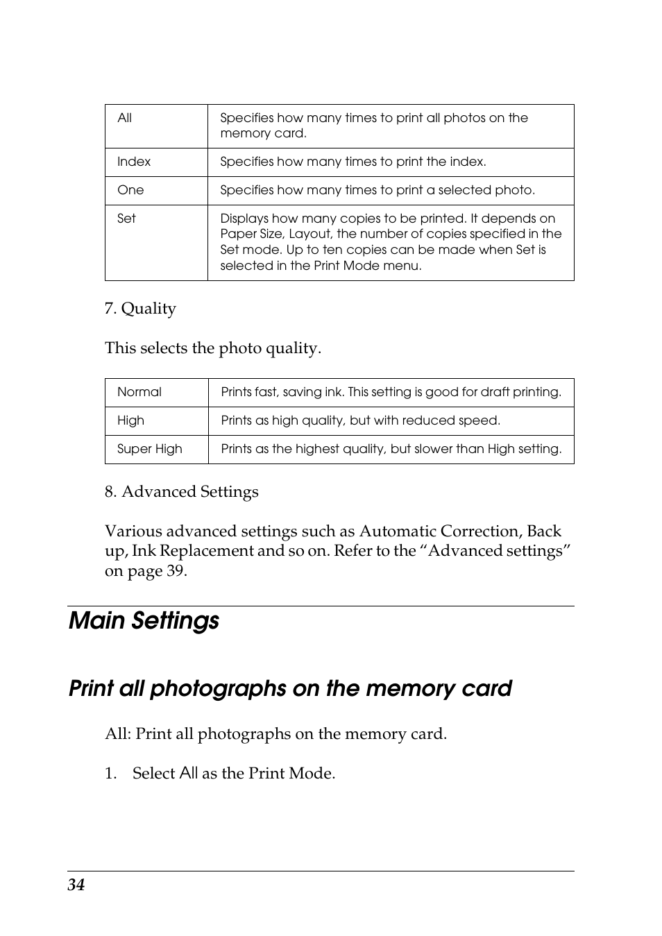 Main settings, Print all photographs on the memory card | Epson Photo 925 User Manual | Page 36 / 152