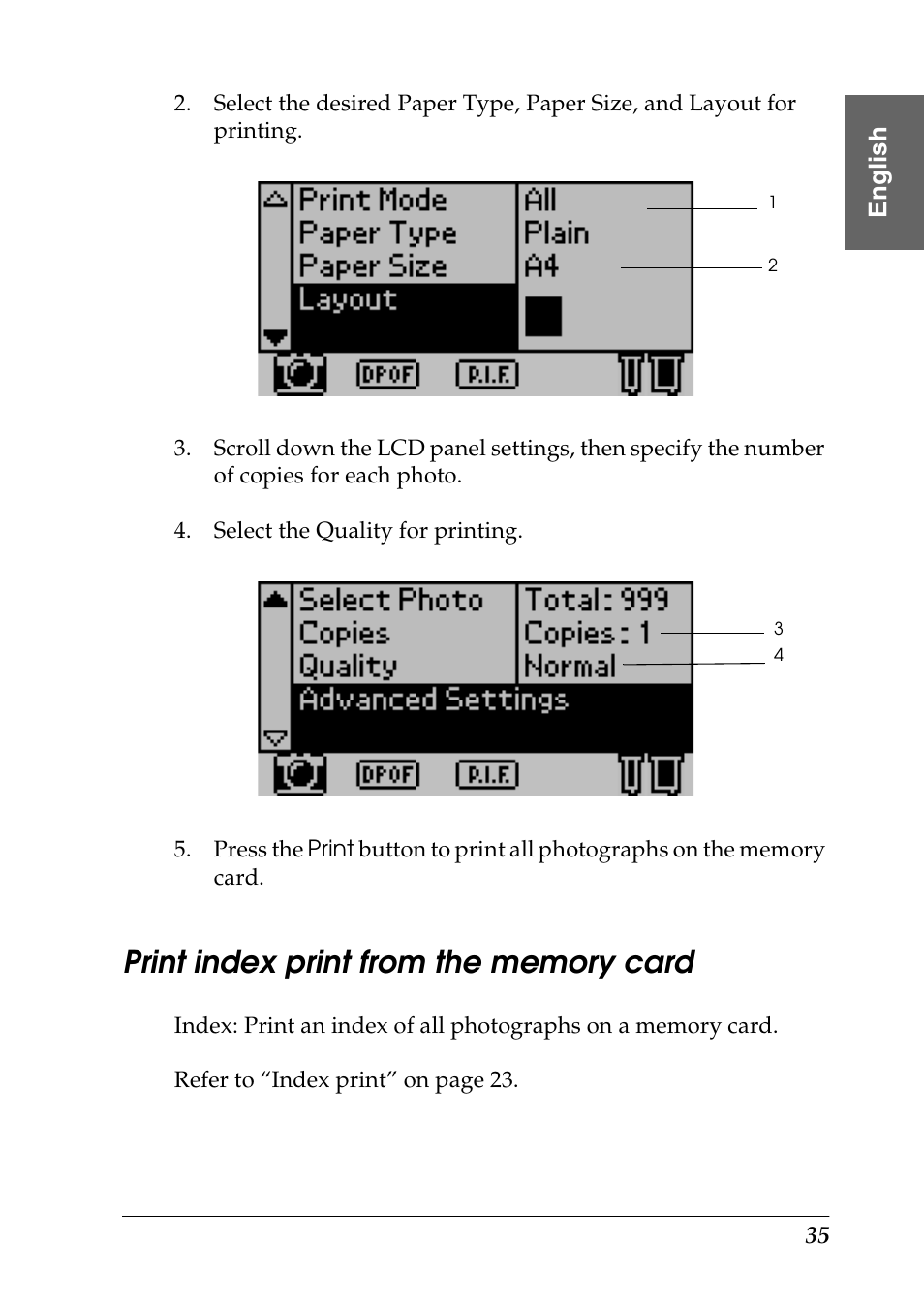 Print index print from the memory card | Epson Photo 925 User Manual | Page 37 / 152