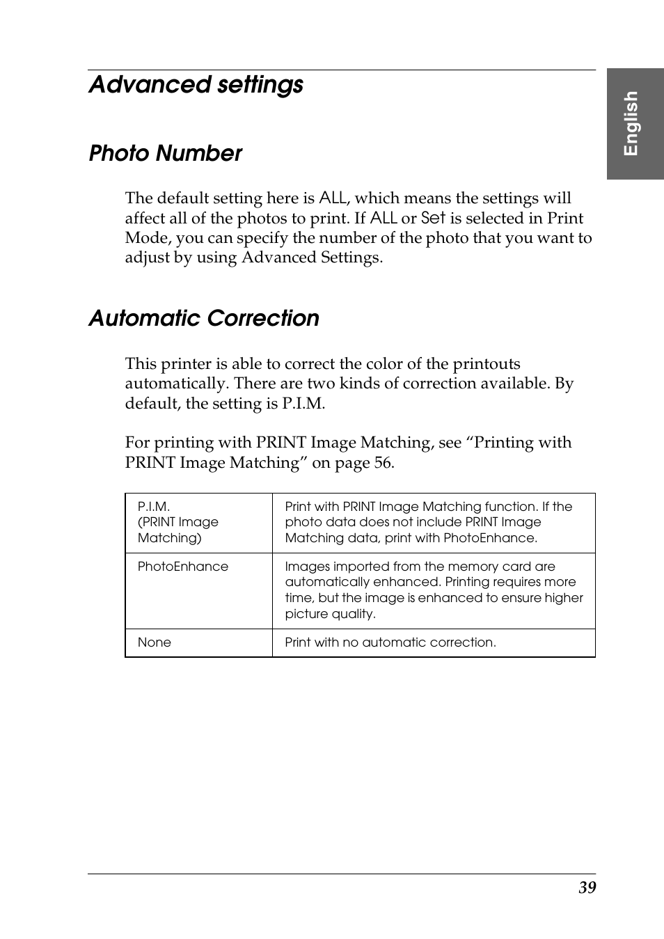 Advanced settings, Photo number, Automatic correction | Epson Photo 925 User Manual | Page 41 / 152