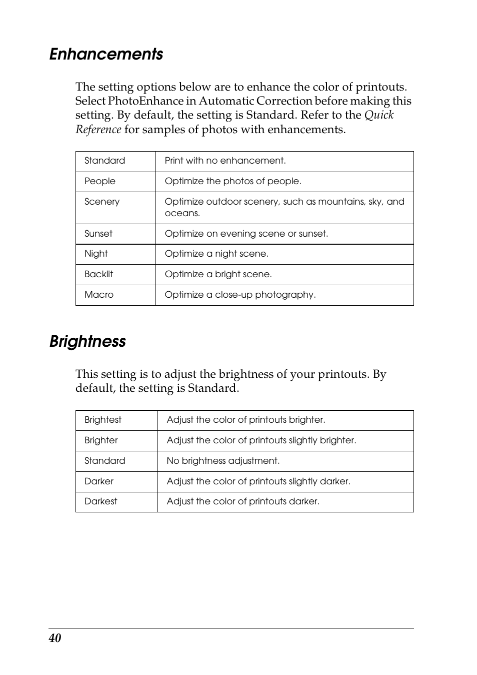 Enhancements, Brightness | Epson Photo 925 User Manual | Page 42 / 152