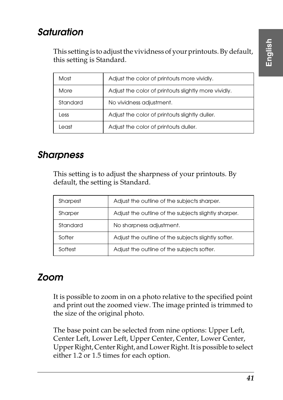 Saturation, Sharpness, Zoom | Eng li s h | Epson Photo 925 User Manual | Page 43 / 152