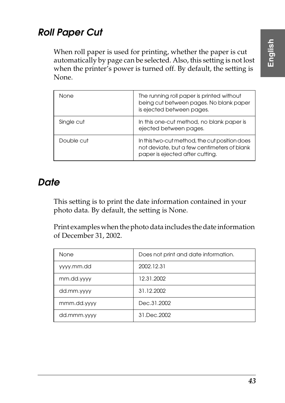 Roll paper cut, Date, Eng li s h | Epson Photo 925 User Manual | Page 45 / 152