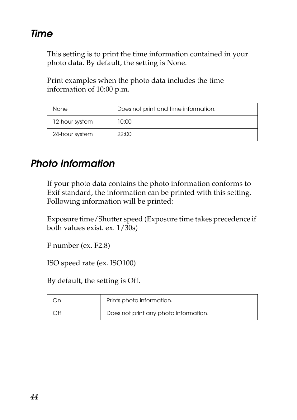 Time, Photo information | Epson Photo 925 User Manual | Page 46 / 152