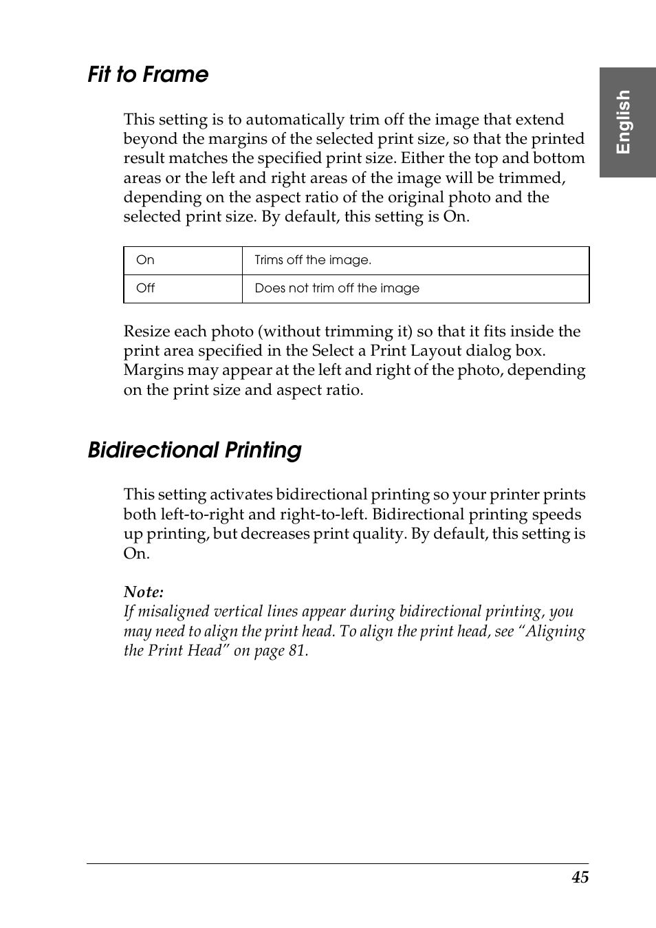 Fit to frame, Bidirectional printing | Epson Photo 925 User Manual | Page 47 / 152