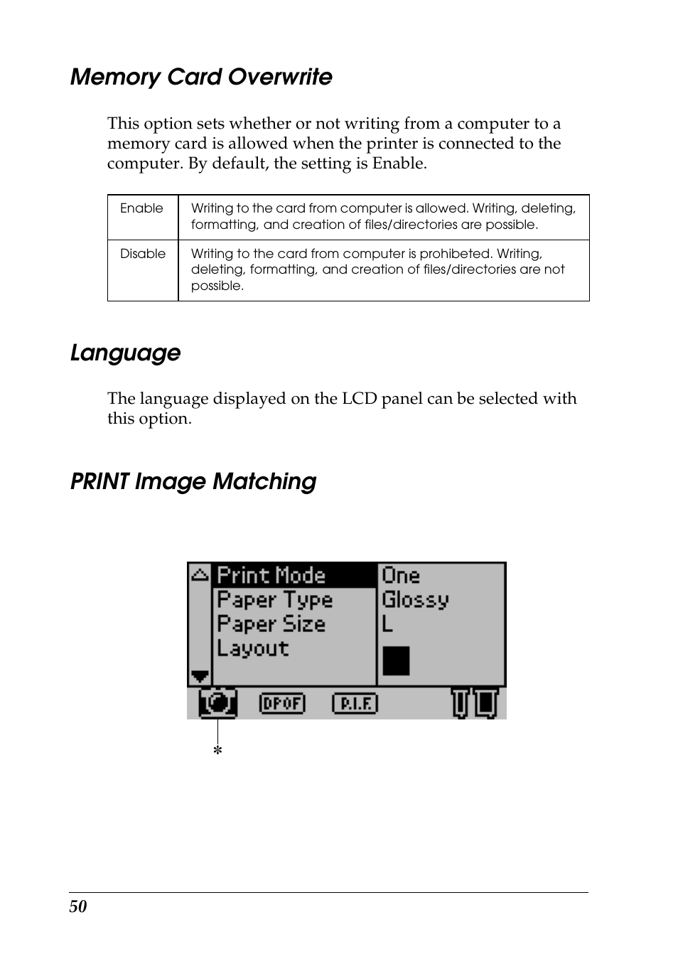 Memory card overwrite, Language, Print image matching | Epson Photo 925 User Manual | Page 52 / 152