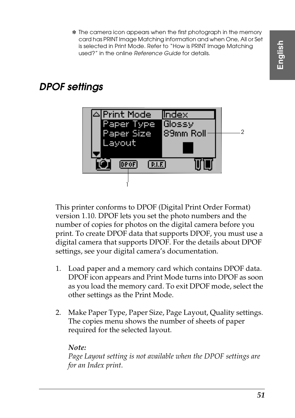 Dpof settings | Epson Photo 925 User Manual | Page 53 / 152