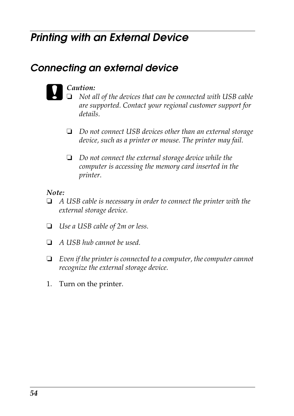 Printing with an external device, Connecting an external device | Epson Photo 925 User Manual | Page 56 / 152