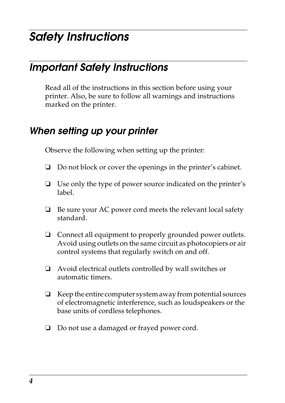 Safety instructions, Important safety instructions, When setting up your printer | Epson Photo 925 User Manual | Page 6 / 152