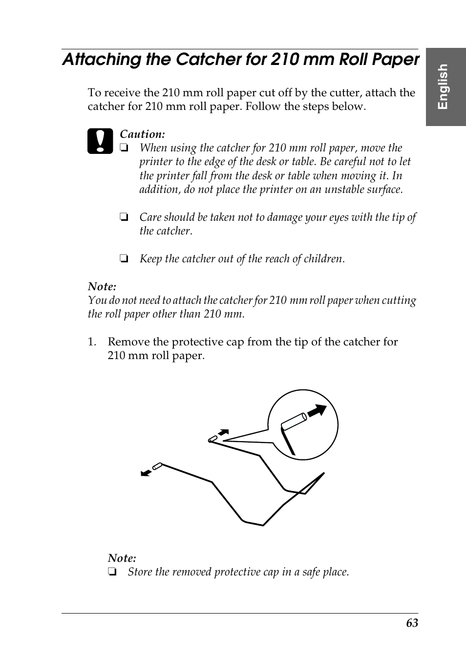 Attaching the catcher for 210 mm roll paper | Epson Photo 925 User Manual | Page 65 / 152