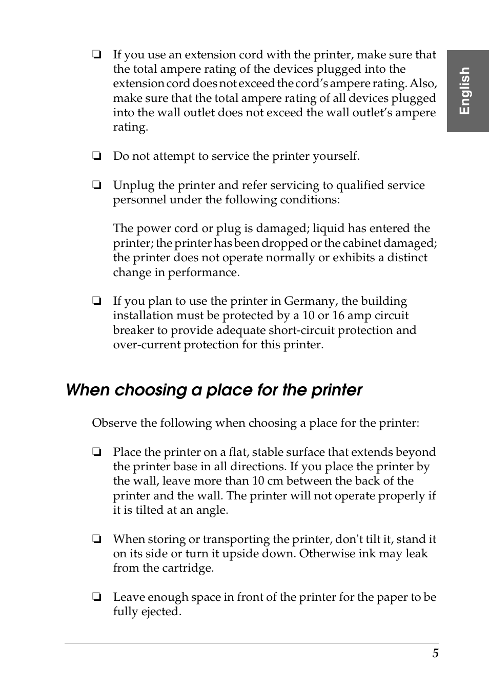 When choosing a place for the printer | Epson Photo 925 User Manual | Page 7 / 152