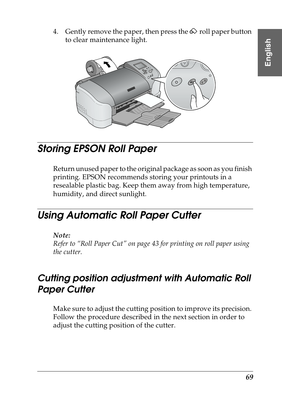 Storing epson roll paper, Using automatic roll paper cutter | Epson Photo 925 User Manual | Page 71 / 152