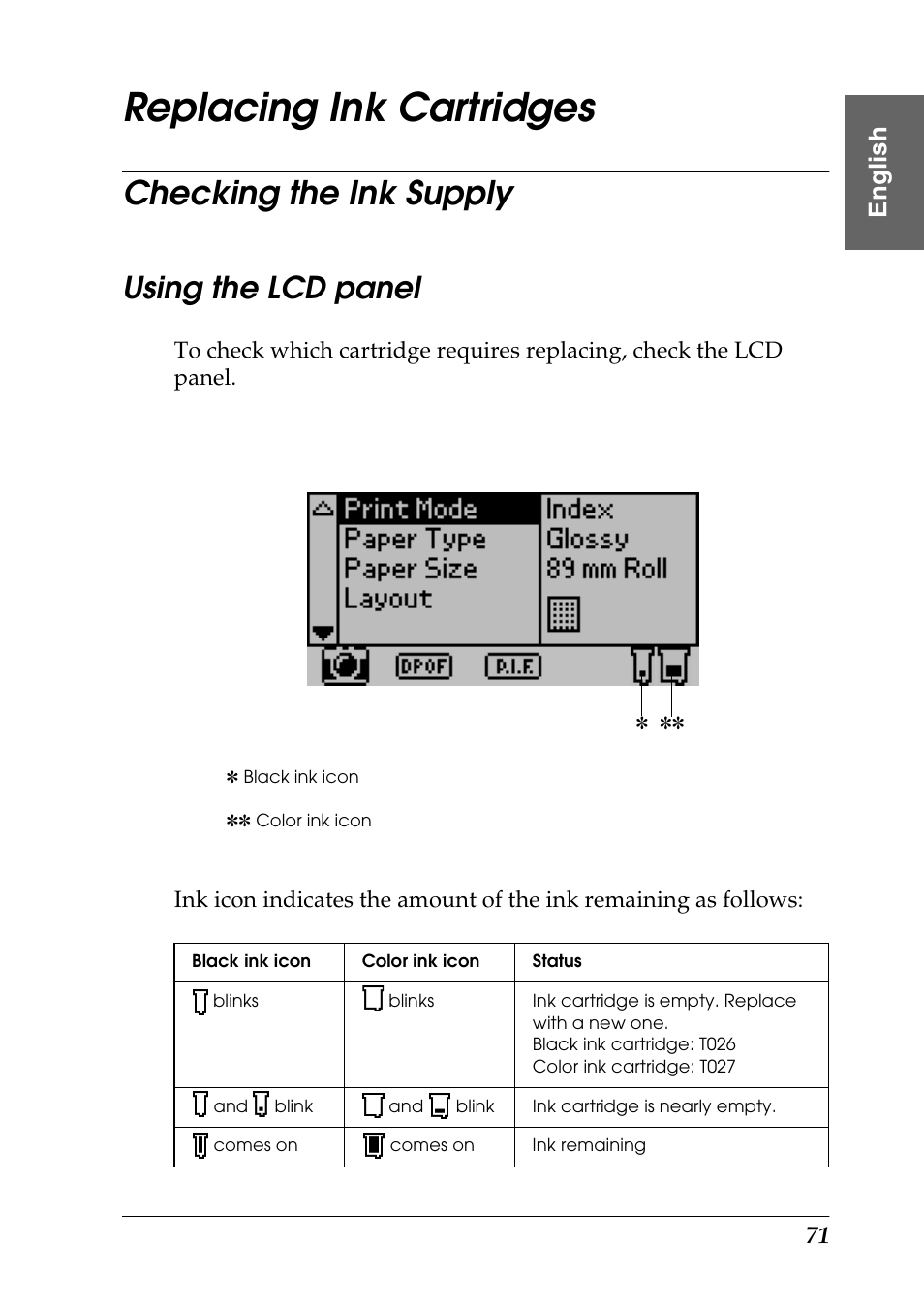 Replacing ink cartridges, Checking the ink supply, Using the lcd panel | Eng li s h | Epson Photo 925 User Manual | Page 73 / 152