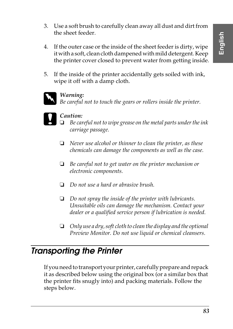 Transporting the printer | Epson Photo 925 User Manual | Page 85 / 152