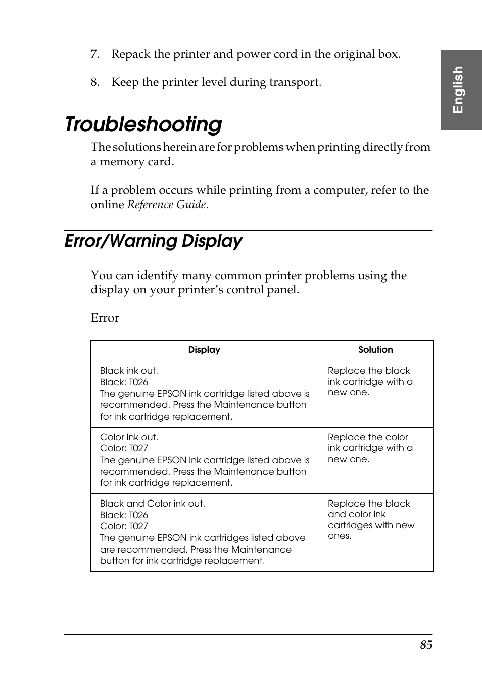 Troubleshooting, Error/warning display | Epson Photo 925 User Manual | Page 87 / 152