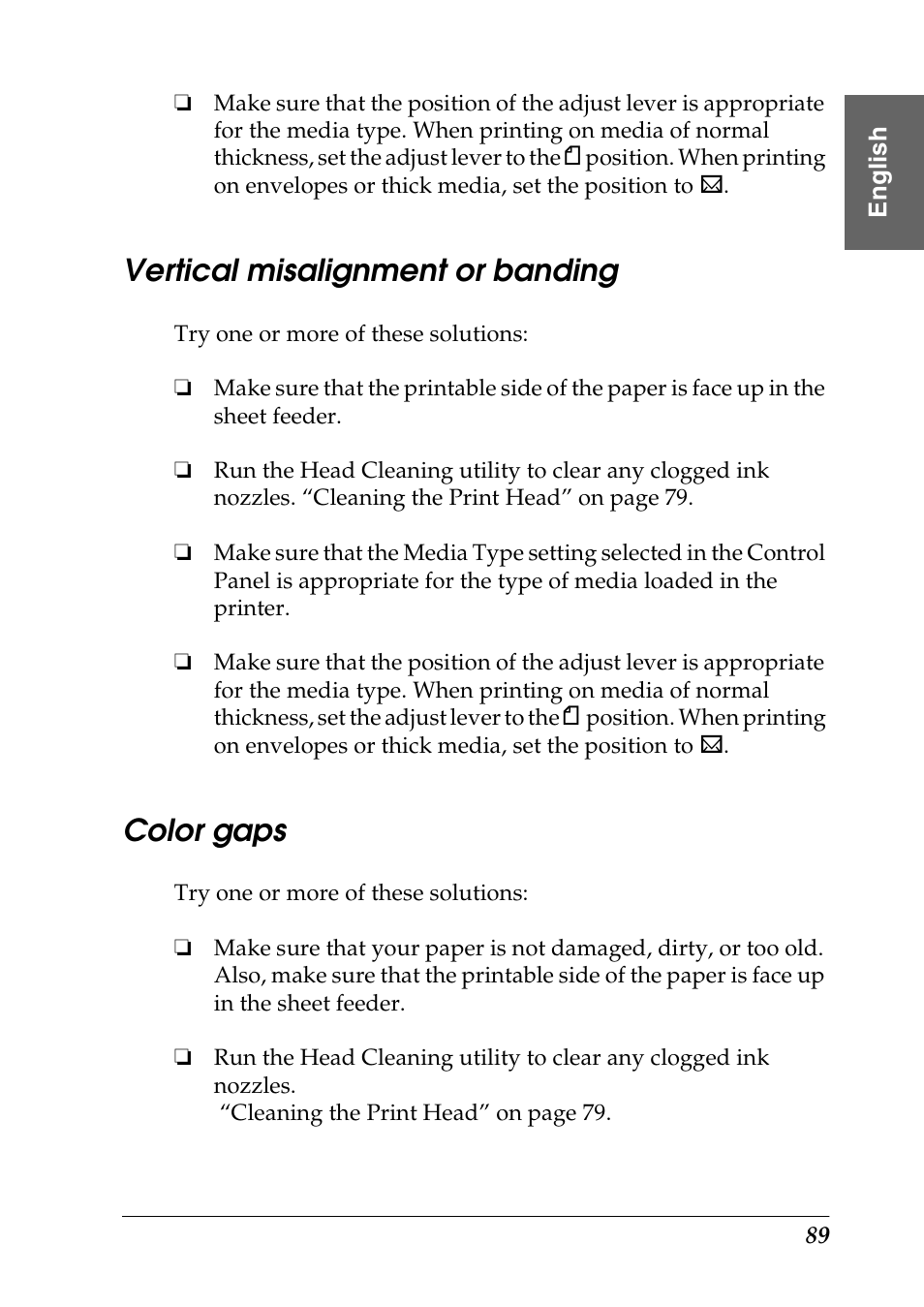 Vertical misalignment or banding, Color gaps | Epson Photo 925 User Manual | Page 91 / 152