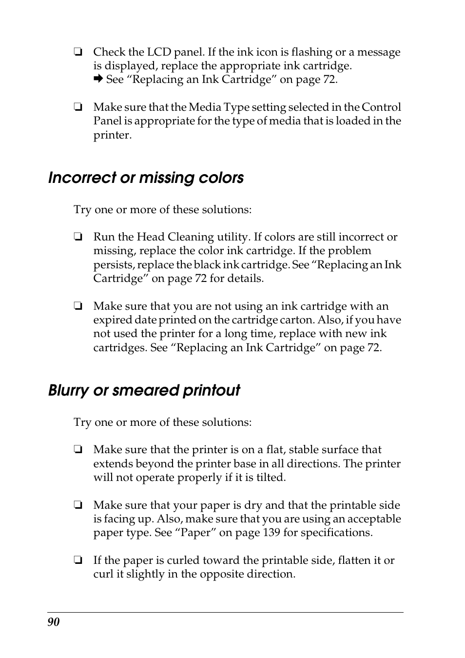 Incorrect or missing colors, Blurry or smeared printout | Epson Photo 925 User Manual | Page 92 / 152