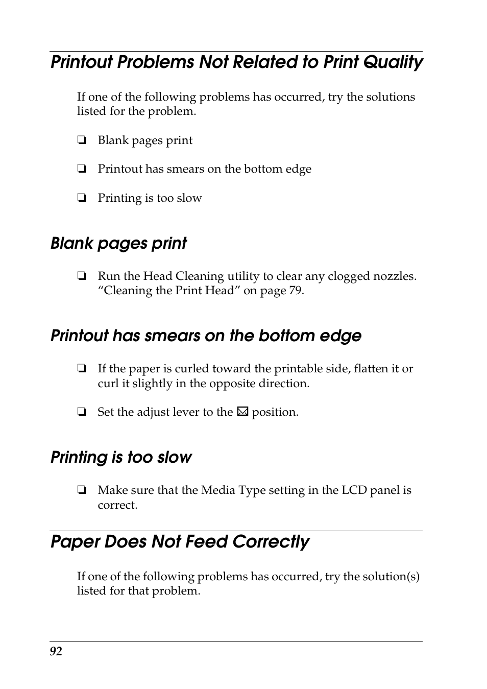 Printout problems not related to print quality, Printout has smears on the bottom edge, Printing is too slow | Paper does not feed correctly, Blank pages print | Epson Photo 925 User Manual | Page 94 / 152