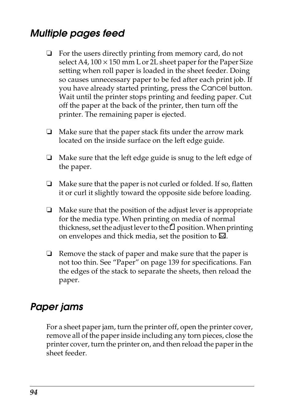 Paper jams, Multiple pages feed | Epson Photo 925 User Manual | Page 96 / 152