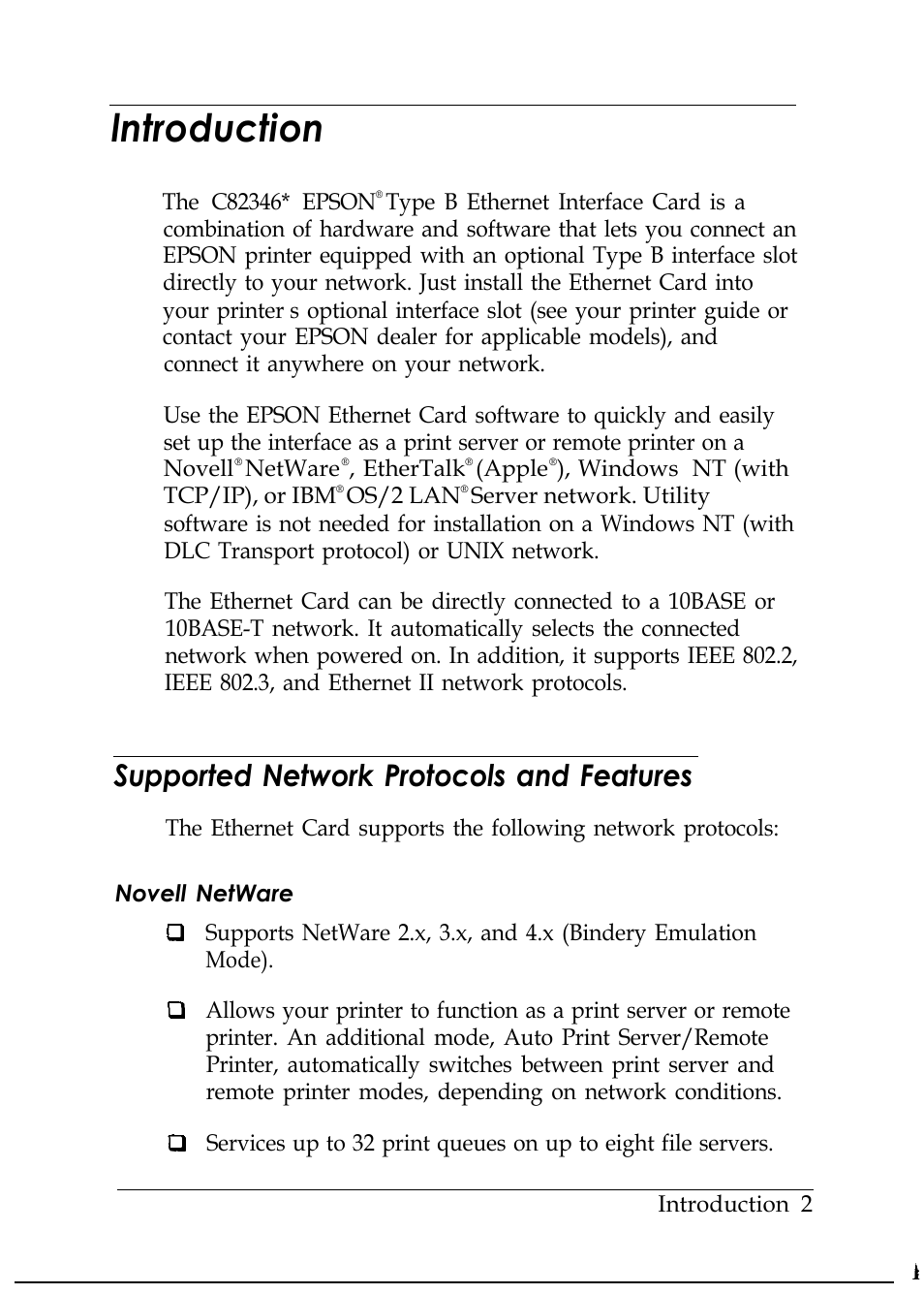 Introduction, Supported network protocols and features, Lntroduction | Epson C82346 User Manual | Page 10 / 81