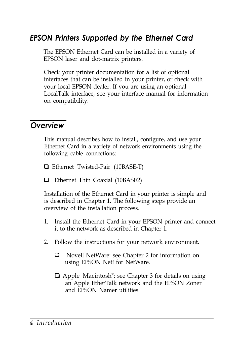 Epson printers supported by the ethernet card, Overview | Epson C82346 User Manual | Page 13 / 81