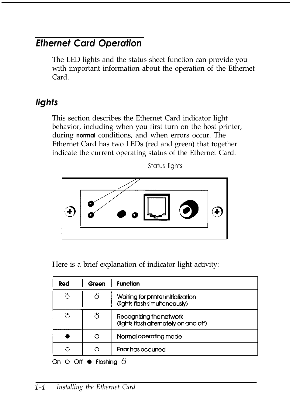 Ethernet card operation, Lights | Epson C82346 User Manual | Page 19 / 81