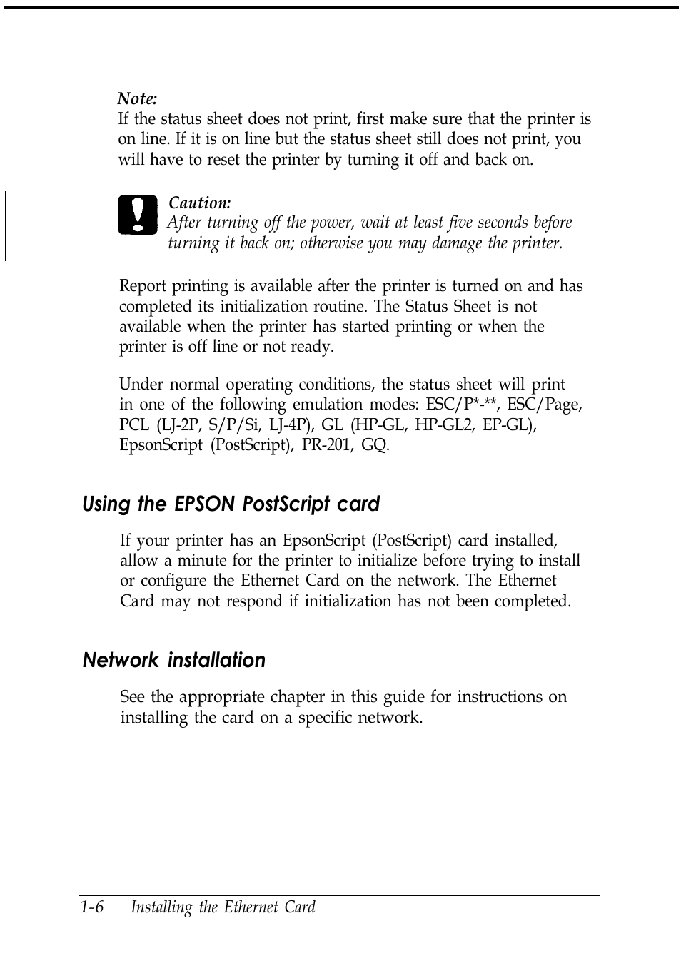 Using the epson postscript card, Network installation | Epson C82346 User Manual | Page 21 / 81