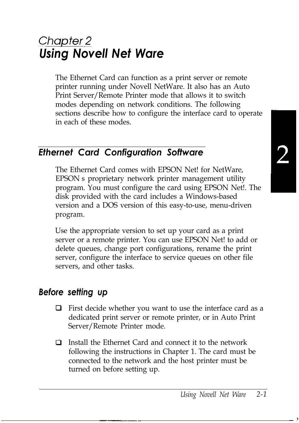 Chap 2-using novell net ware, Ethernet card configuration software, Before setting up | Using novell net ware | Epson C82346 User Manual | Page 22 / 81