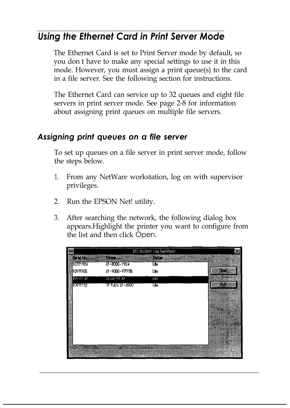 Using the ethernet card in print server mode, Assigning print queues on a file server | Epson C82346 User Manual | Page 26 / 81