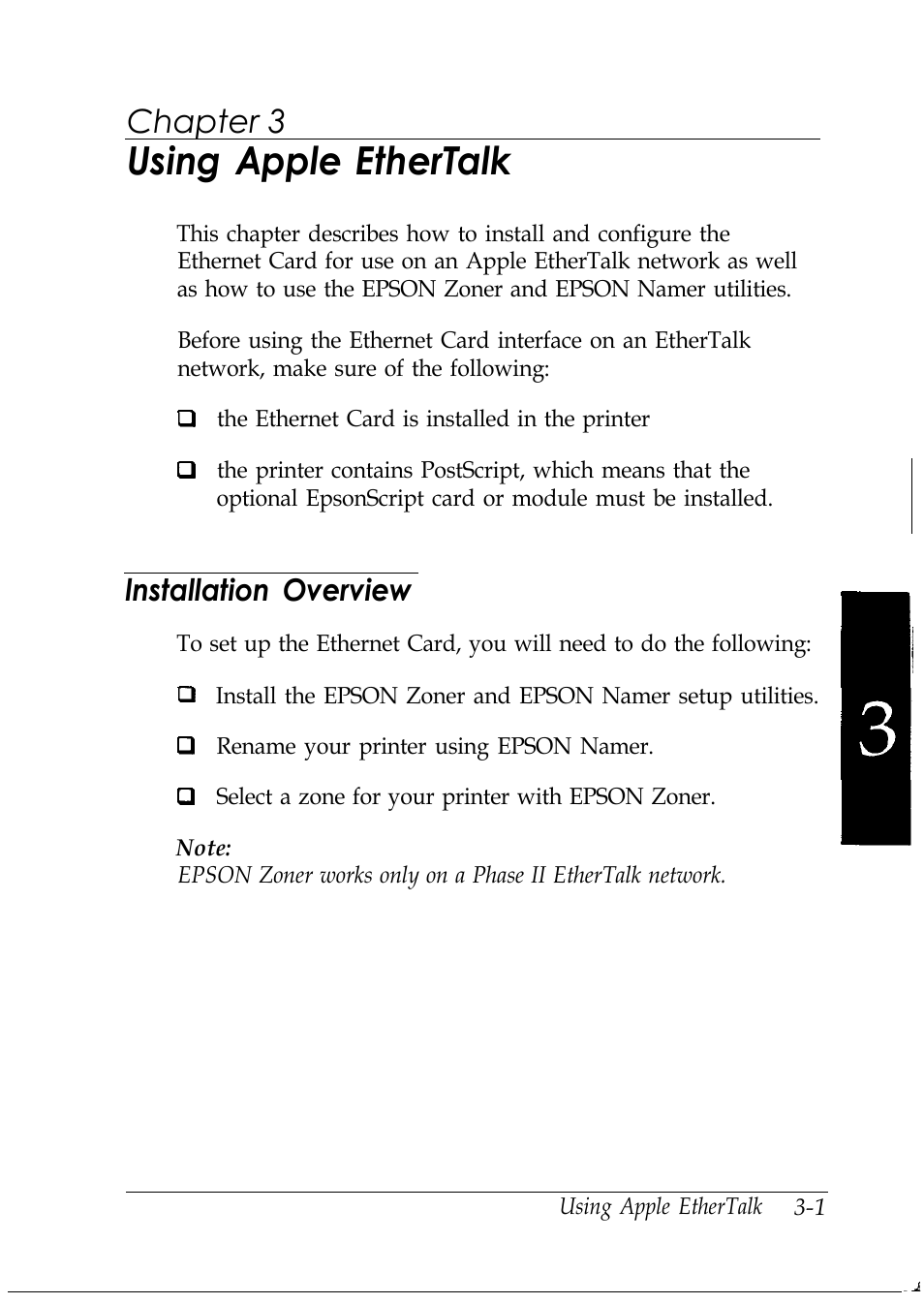 Chap 3-using apple ethertalk, Lnstallation overview, Using apple ethertalk | 3chapter | Epson C82346 User Manual | Page 38 / 81