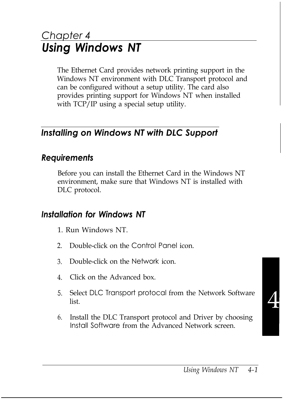 Chap 4-using windows nt, Lnstalling on windows nt with dlc support, Requirements | Installation for windows nt, Using windows nt, Chapter 4 | Epson C82346 User Manual | Page 46 / 81