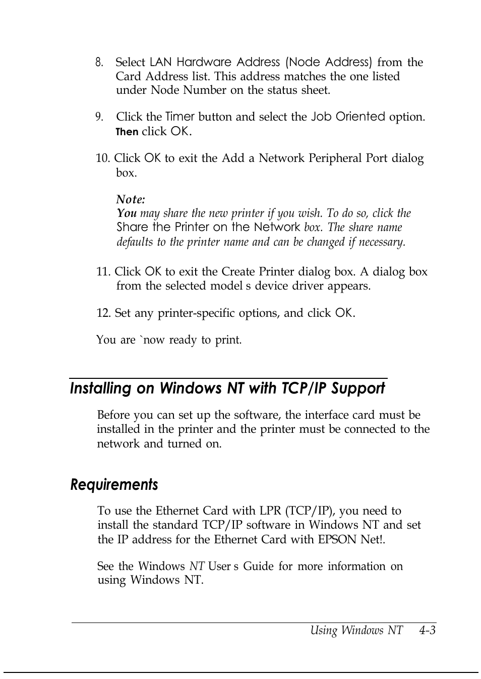 Installing on windows nt with tcp/ip support, Requirements | Epson C82346 User Manual | Page 48 / 81