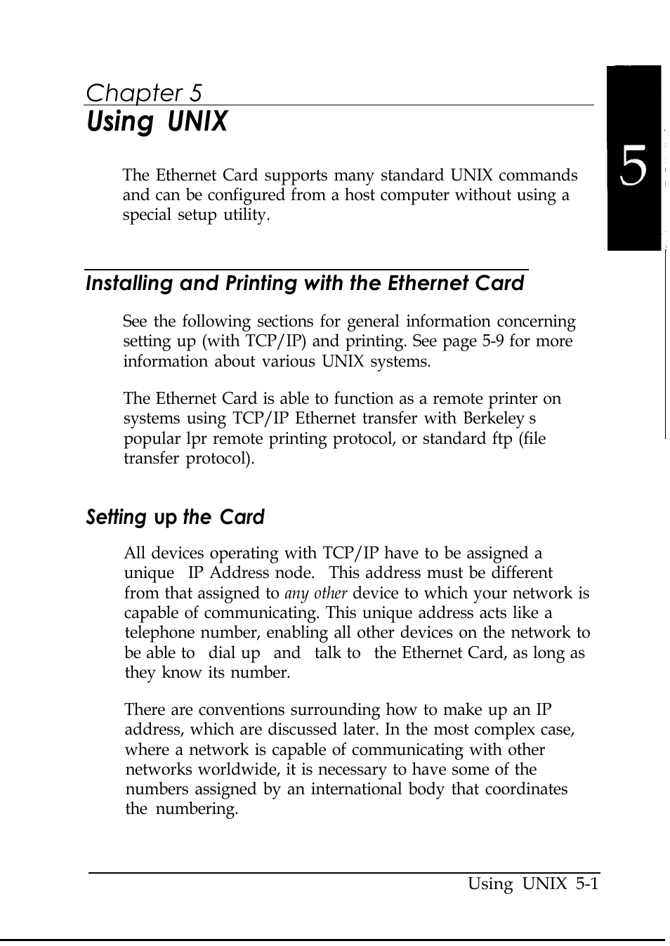 Chap 5-using unix, Installing and printing with the ethernet card, Setting up the card | Using unix, Chapter 5 | Epson C82346 User Manual | Page 53 / 81