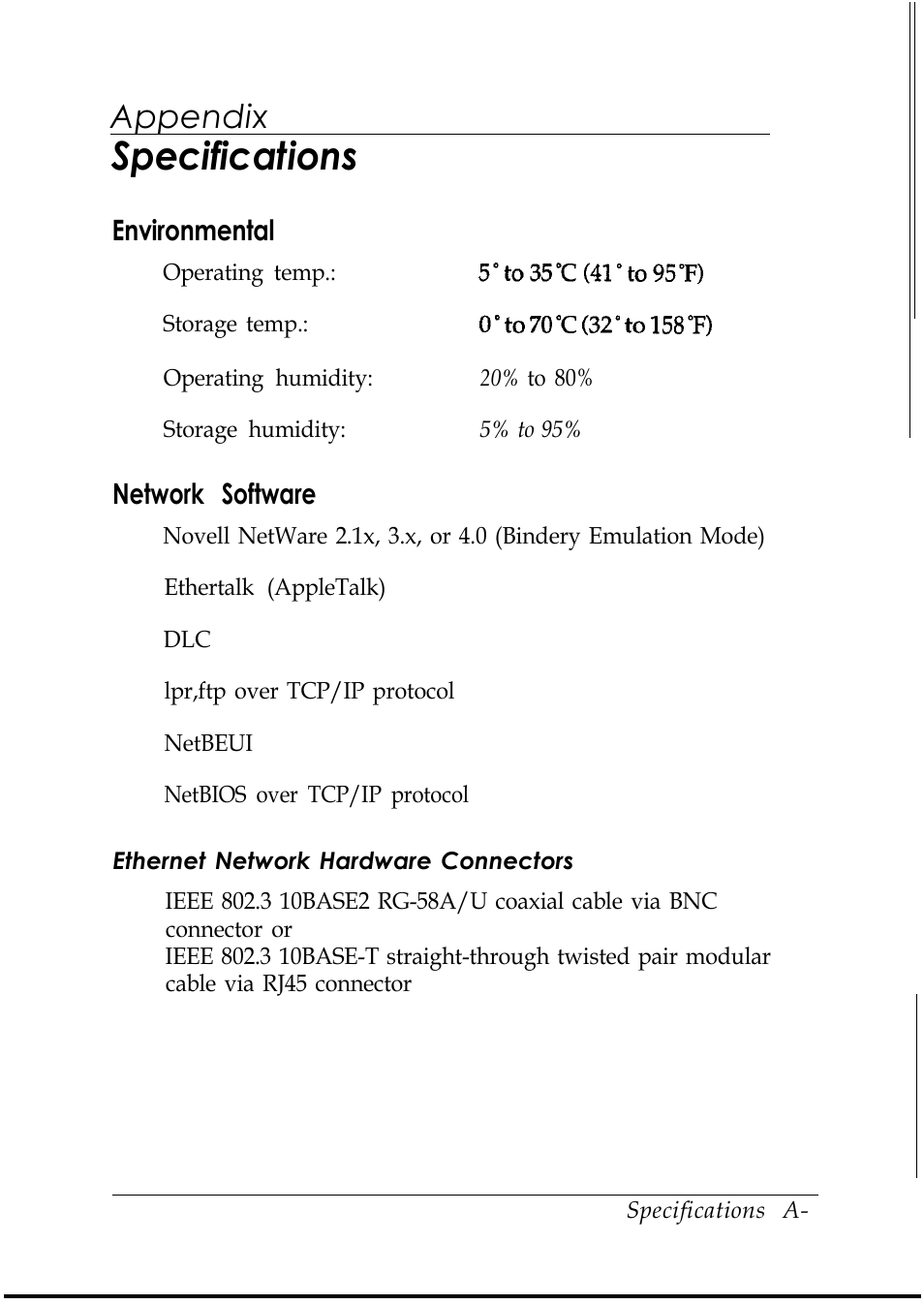 Appendix -specifications, Environmental, Network software | Ethernet network hardware connectors, Specifications, Appendix | Epson C82346 User Manual | Page 74 / 81