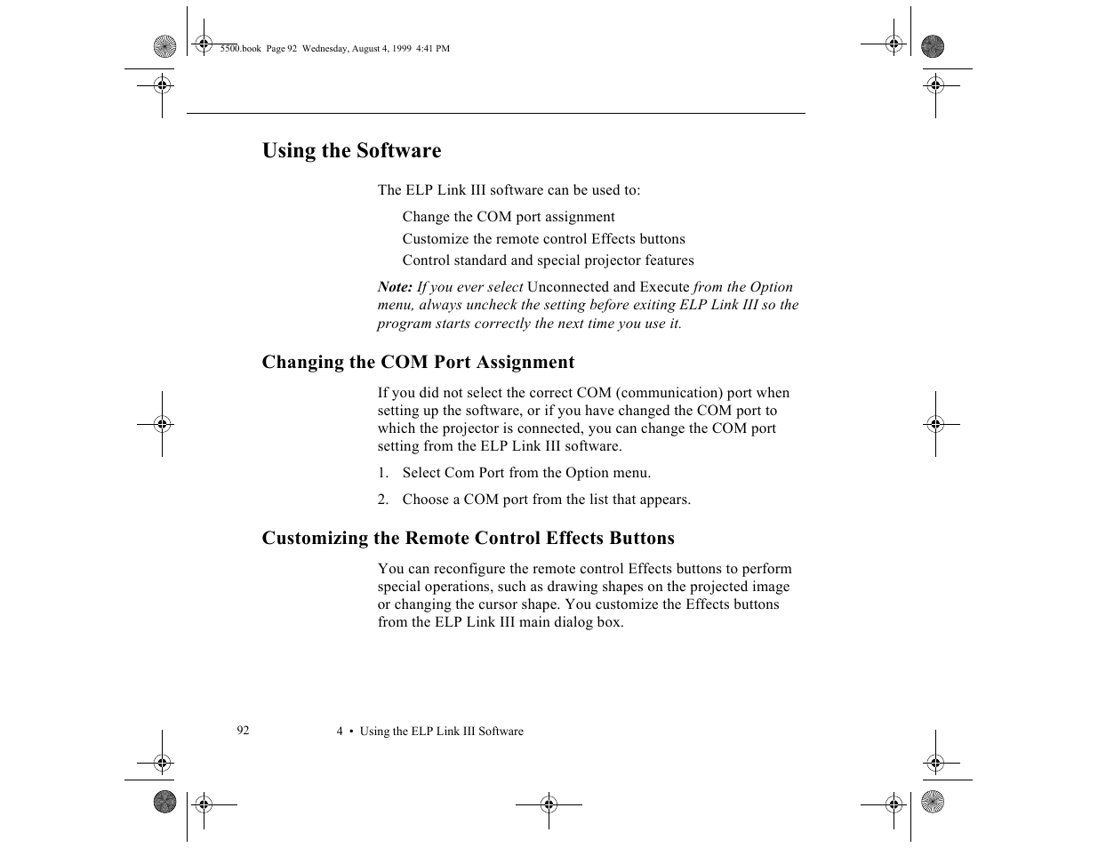 Using the software, Changing the com port assignment, Customizing the remote control effects buttons | Epson 5500C User Manual | Page 102 / 156