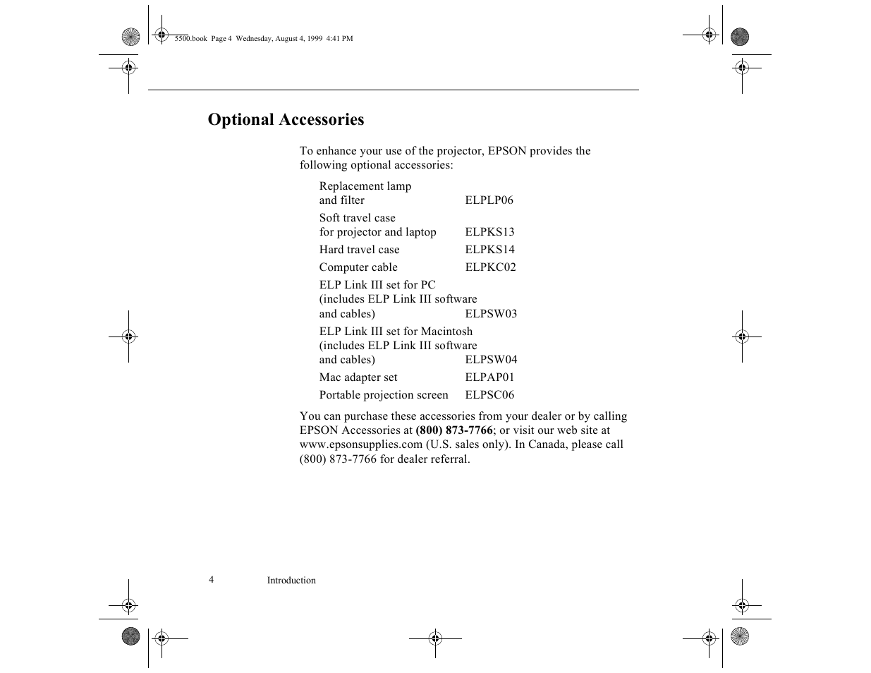 Optional accessories | Epson 5500C User Manual | Page 12 / 156