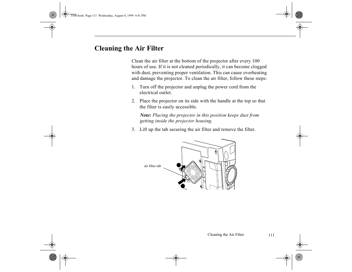 Cleaning the air filter | Epson 5500C User Manual | Page 123 / 156