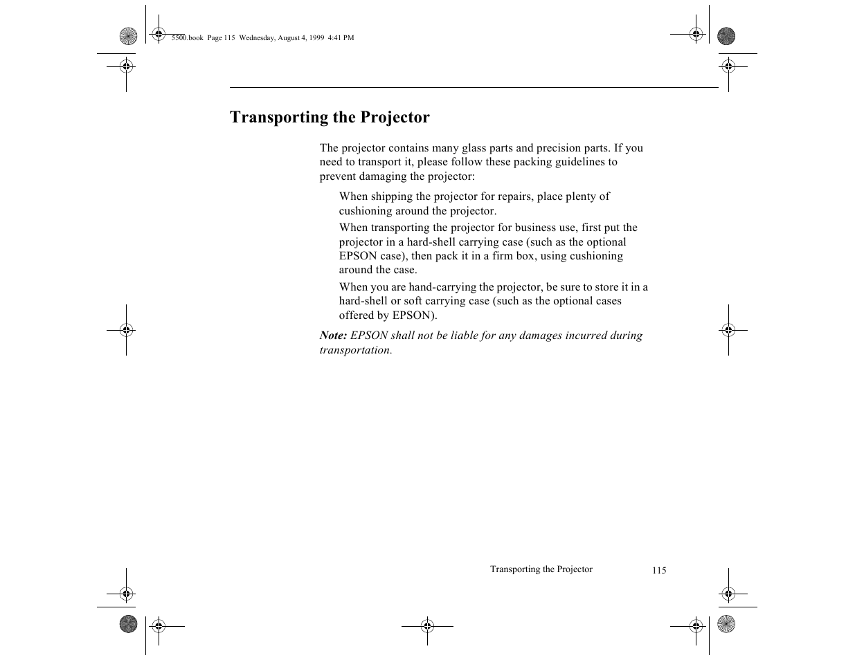 Transporting the projector | Epson 5500C User Manual | Page 127 / 156