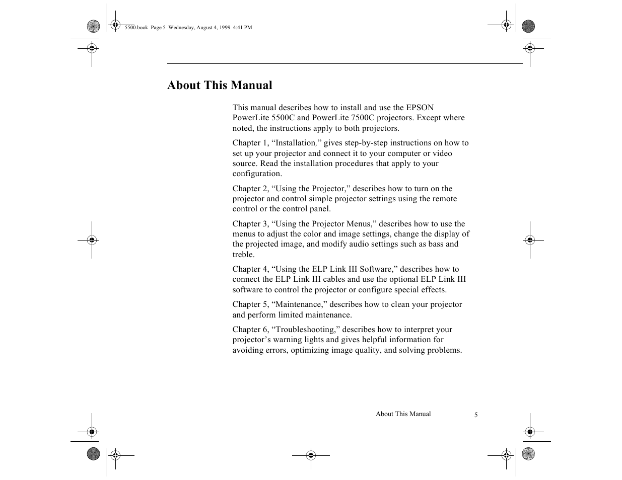 About this manual | Epson 5500C User Manual | Page 13 / 156