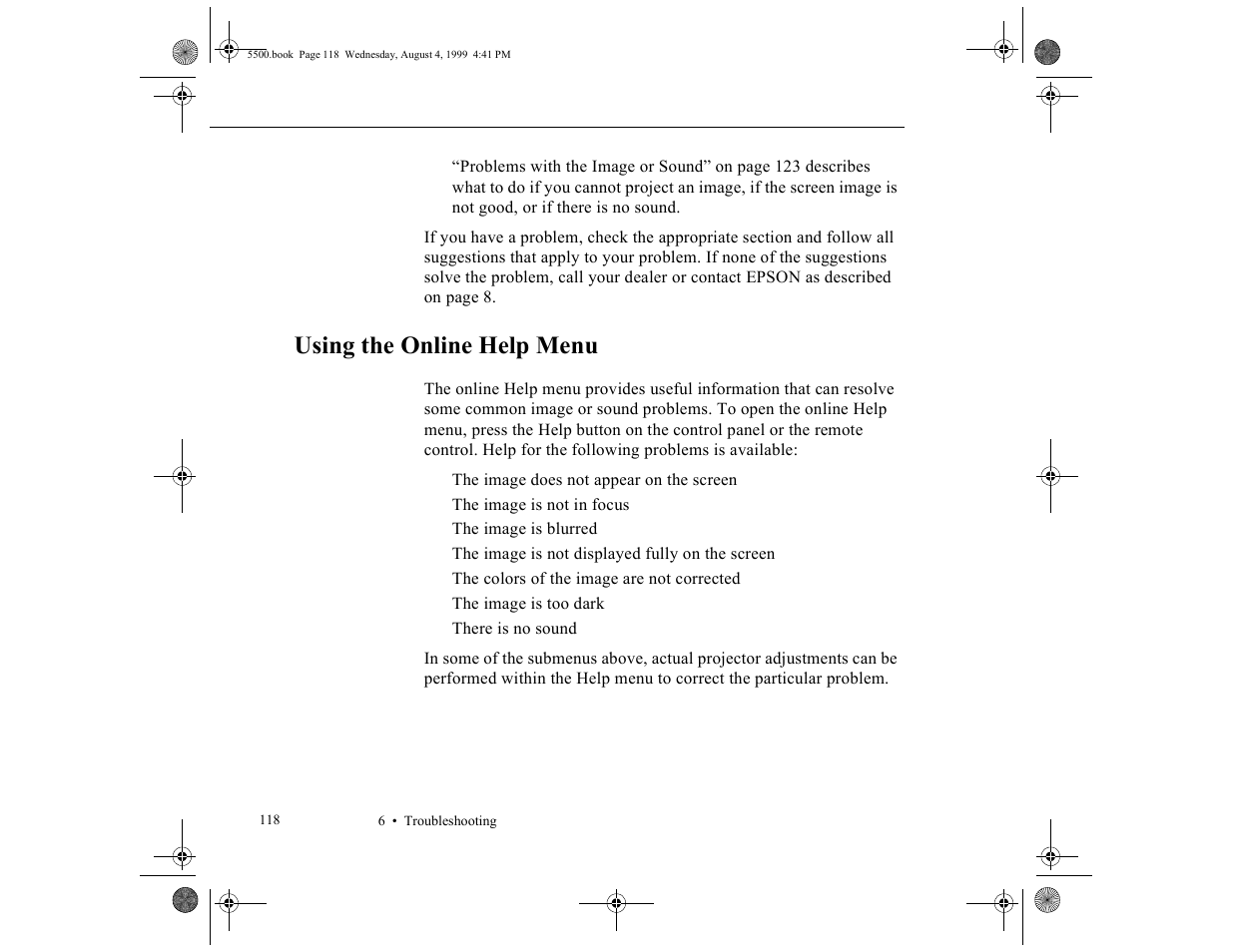 Using the online help menu | Epson 5500C User Manual | Page 130 / 156