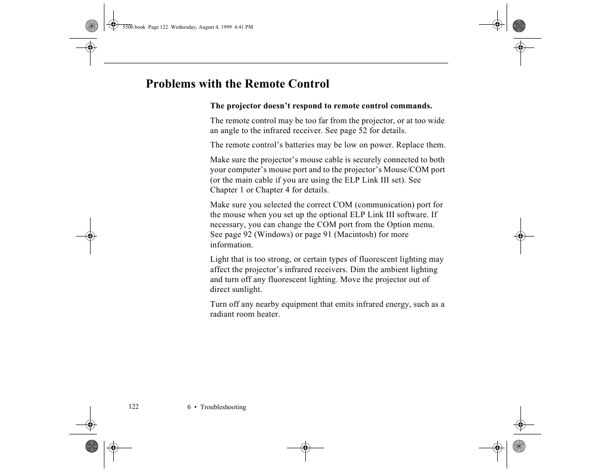 Problems with the remote control | Epson 5500C User Manual | Page 134 / 156