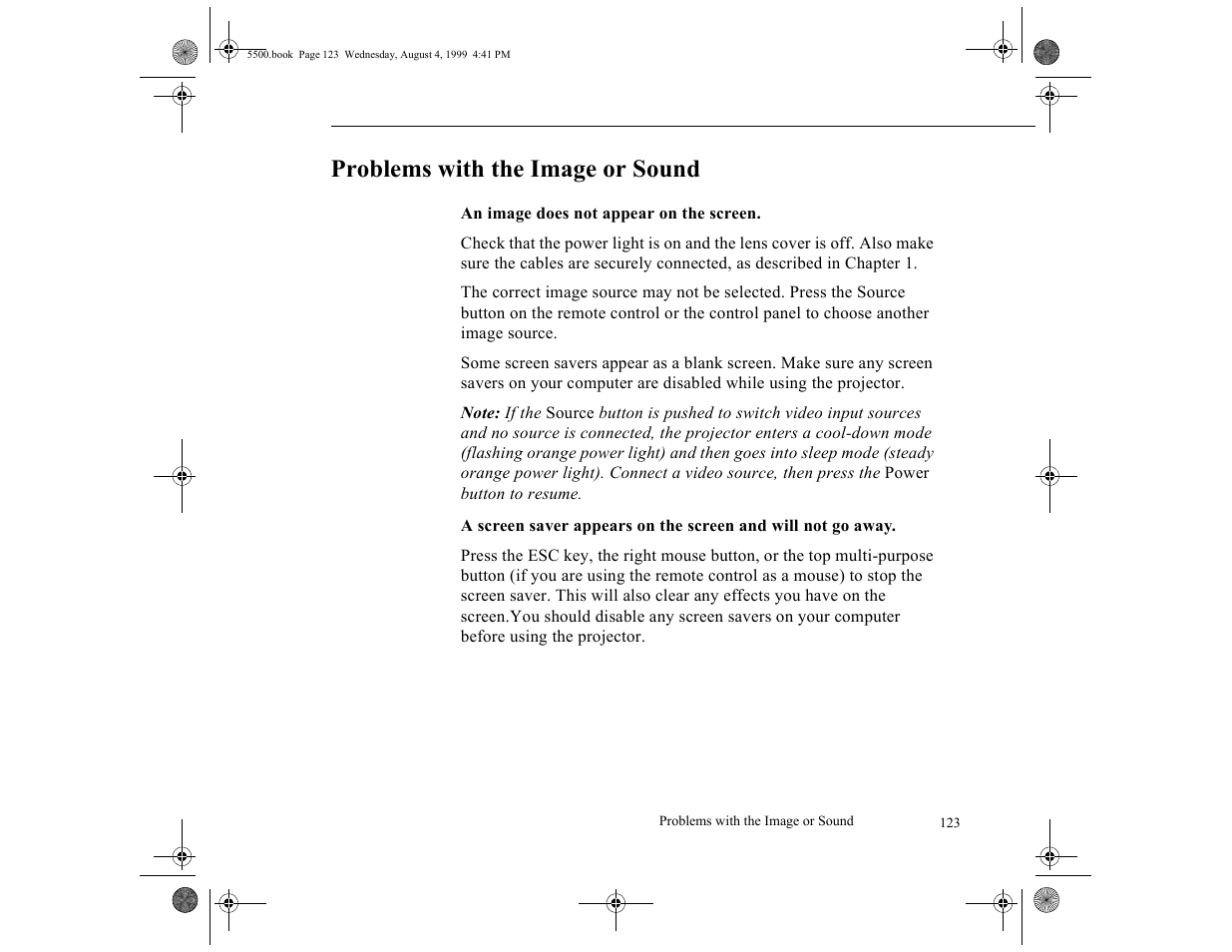Problems with the image or sound | Epson 5500C User Manual | Page 135 / 156