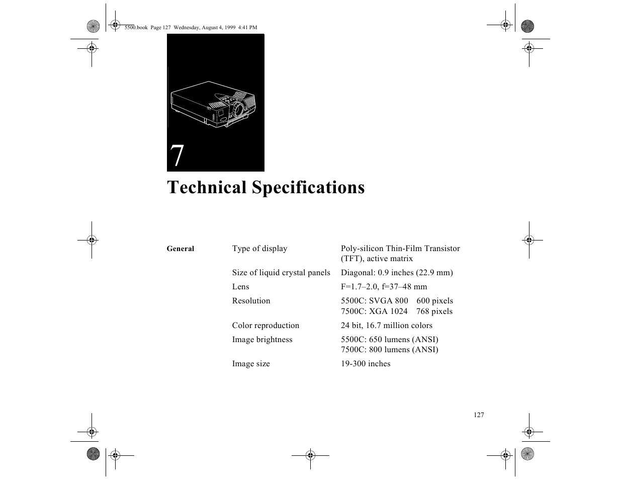 Chap 7-technical specifications, Technical specifications | Epson 5500C User Manual | Page 139 / 156