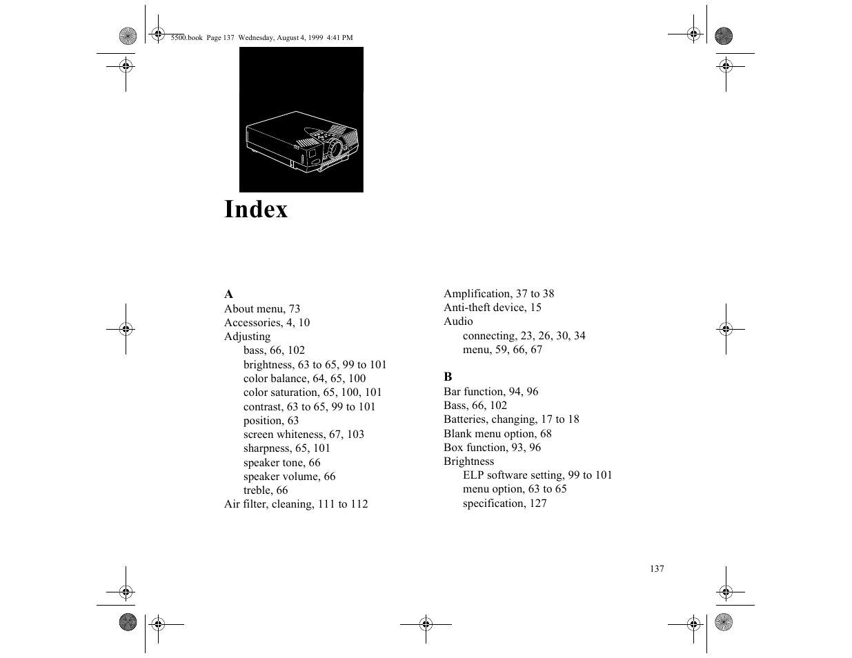 Index, Index 137 | Epson 5500C User Manual | Page 149 / 156