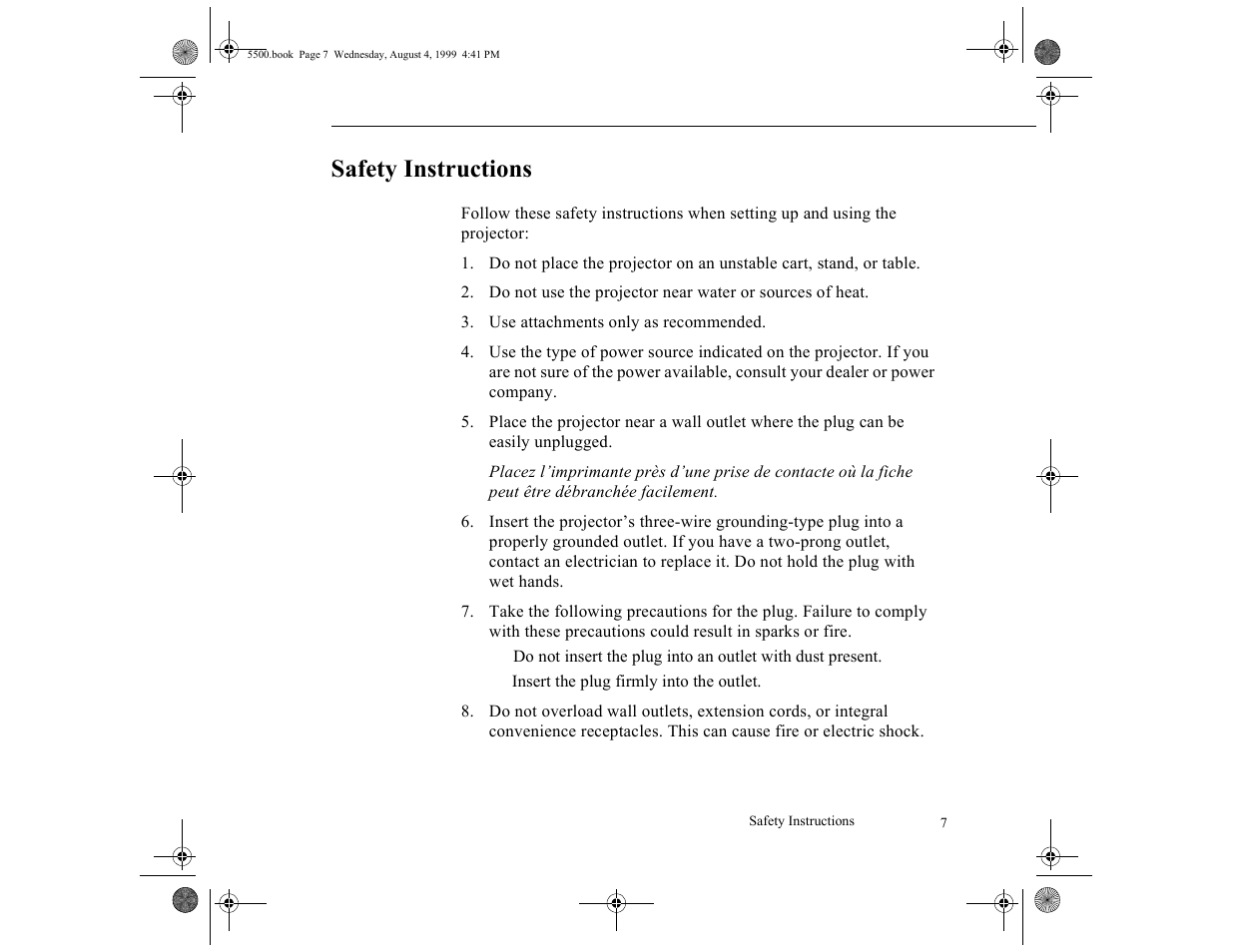 Safety instructions | Epson 5500C User Manual | Page 15 / 156