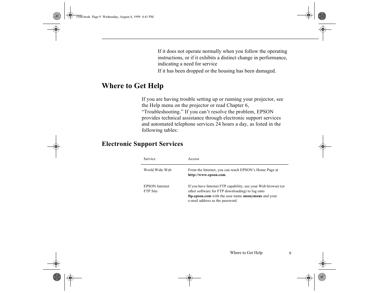 Where to get help, Electronic support services | Epson 5500C User Manual | Page 17 / 156