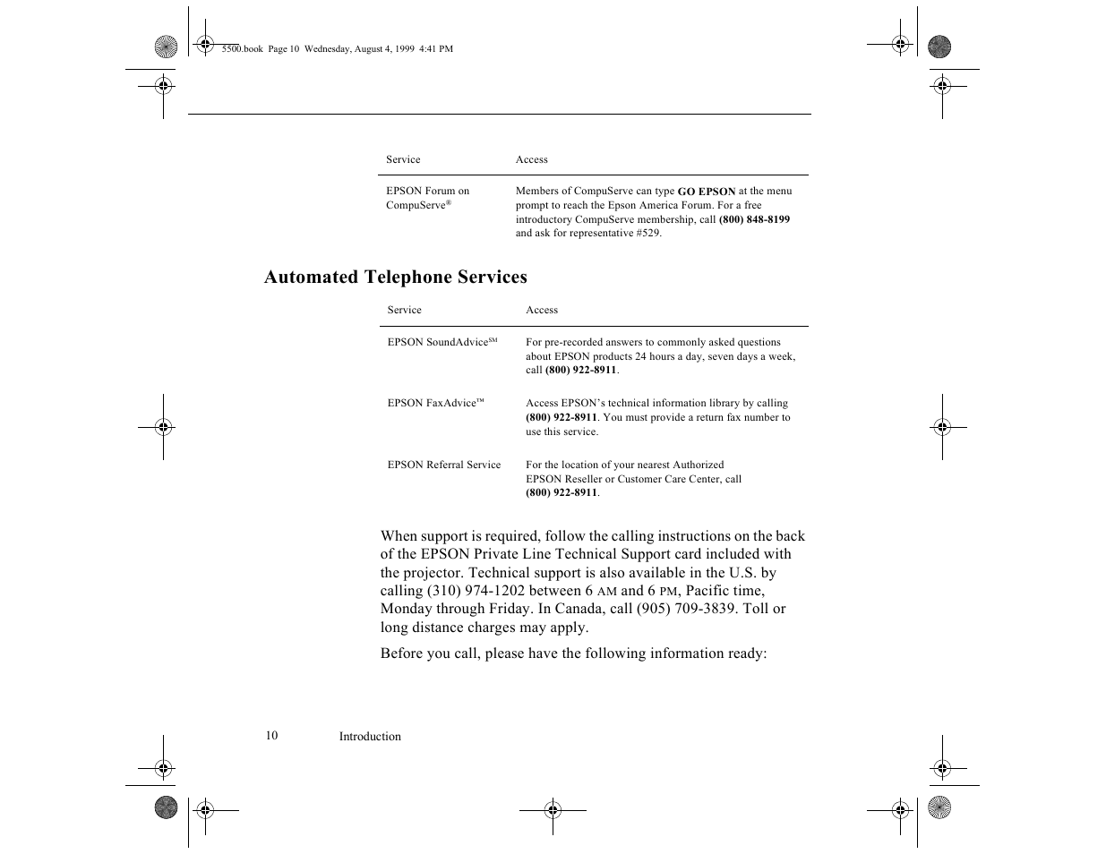 Automated telephone services | Epson 5500C User Manual | Page 18 / 156