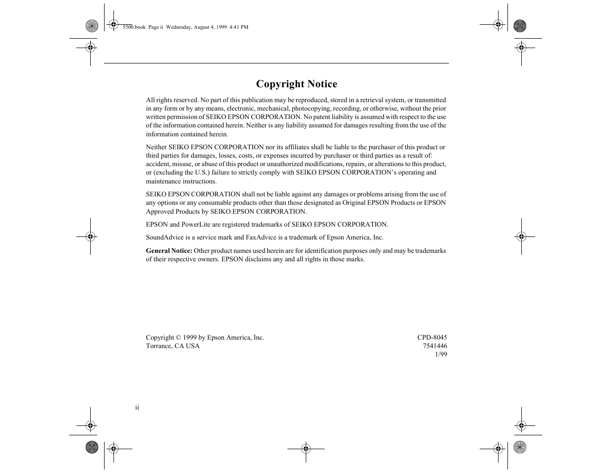 Copyright notice | Epson 5500C User Manual | Page 2 / 156