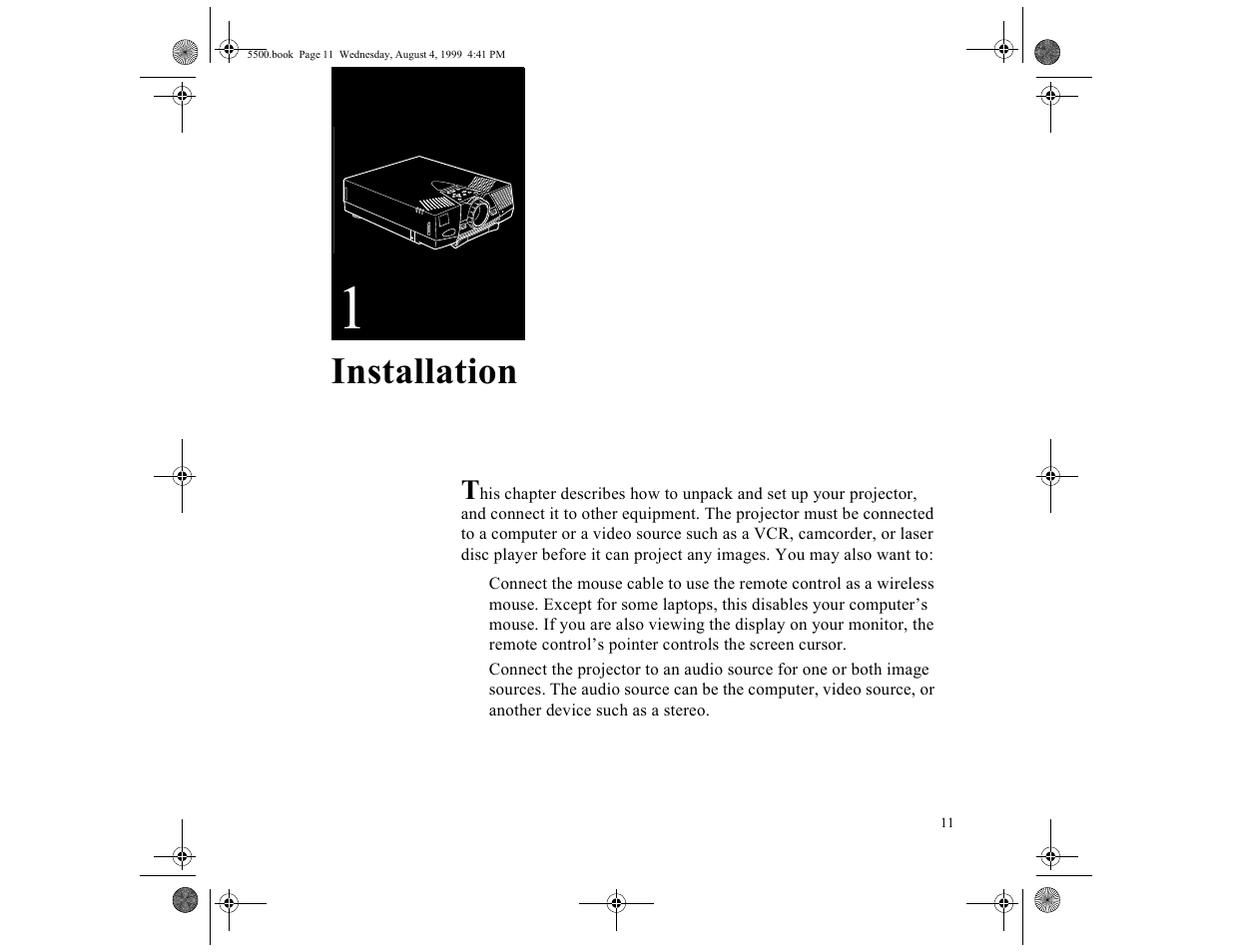 Chap 1-installation, Installation 11, Installation | Epson 5500C User Manual | Page 20 / 156