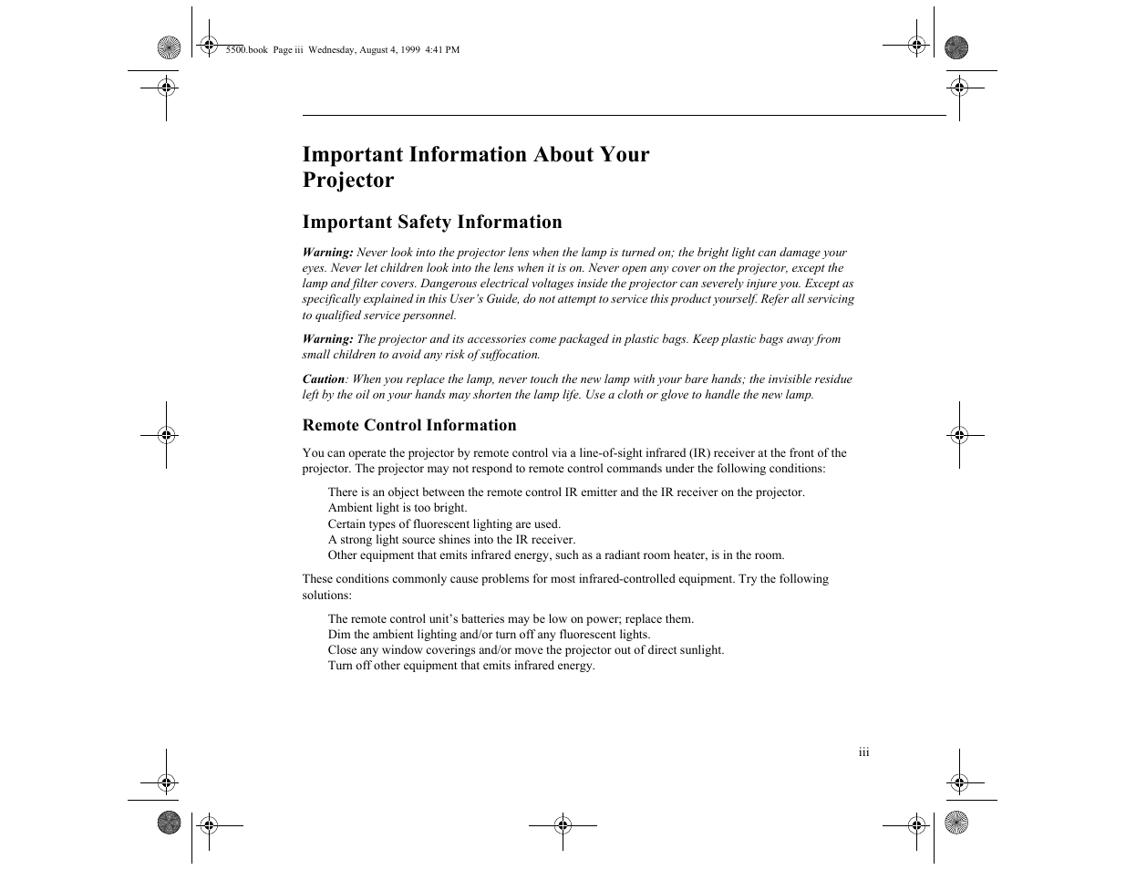 Important information about your projector, Important safety information, Remote control information | Epson 5500C User Manual | Page 3 / 156